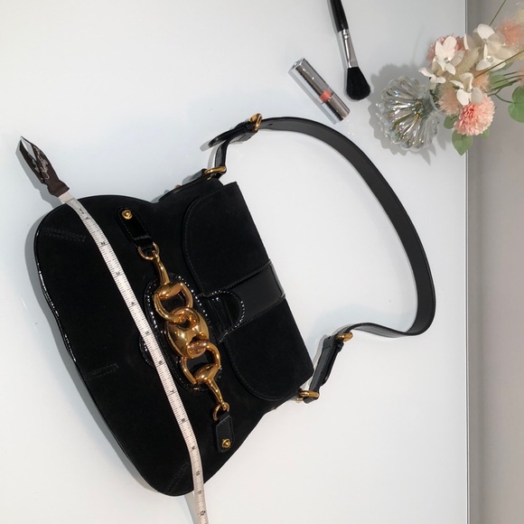 GUCCI Suede Black Handbag with Black Patent Leather Shoulder Strap - Picture 10 of 16